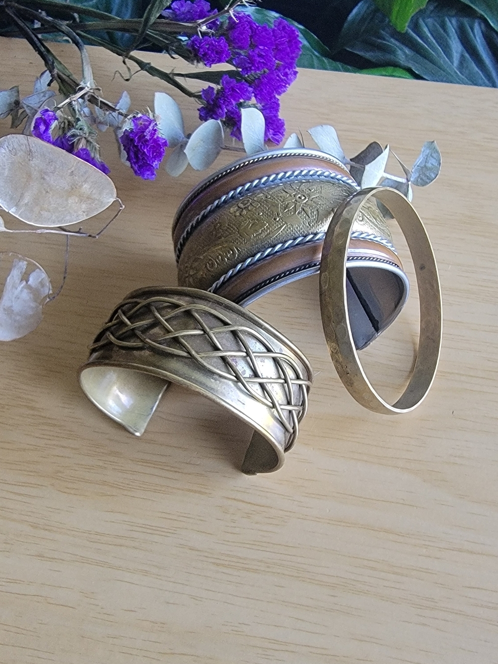 Mixed Metal and Brass Cuff Braclet/Bangle Set - Textured & Braided Designs.